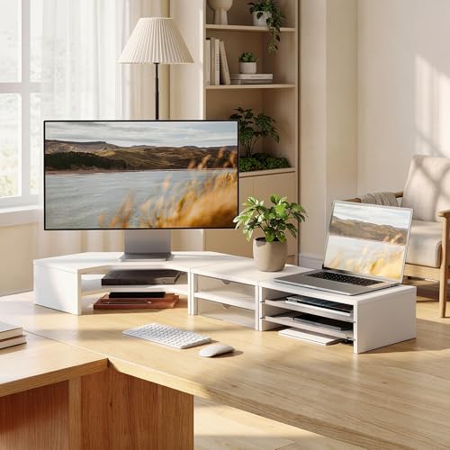 Fenge Dual Monitor Stand, Corner Desk Shelf with Drawer & Slide-Out Tray