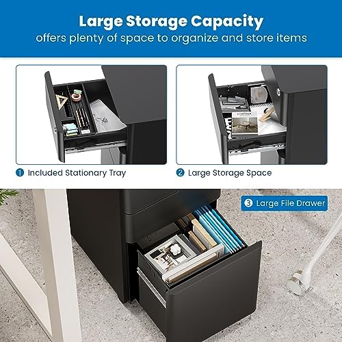 Mount-It! Slim 3 Drawer Rolling File Cabinet with Lock, Mobile Metal Filing Cabinet on Wheels for Under Desk Home & Office Storage, Letter Legal A4, Black