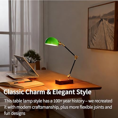Vintage Green Glass Solid Wood BLack Gold Adjustable Swing Arm Desk Lamp