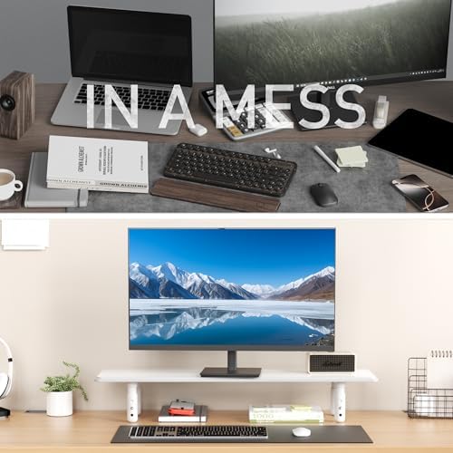 AFOOYO Dual Monitor Stand for Desk, Adjustable Height Wood Computer Riser, Ergonomic Monitor Shelf for Laptop, Printer, TV, Black - Large Storage Space, Sturdy Desk Organizer for Home & Office,White