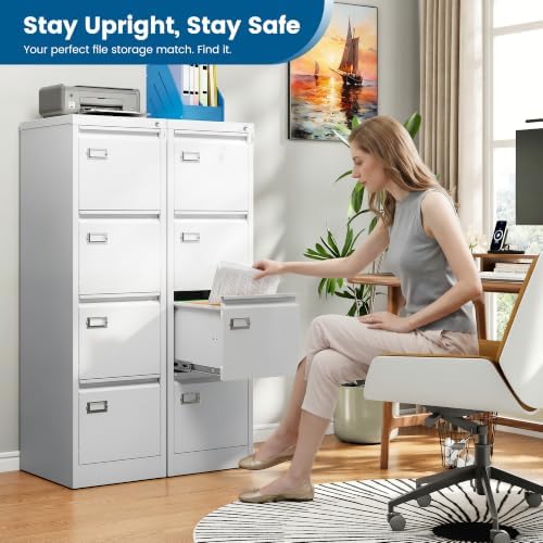 PEUKC 4-Drawer File Cabinet, 16.3" Deep Vertical Filing Cabinet with Lock, Metal File Cabinet for Home Office Furniture, Anti-Tip 4 Storage Drawers for Letter/Legal/F4 Size (Assemble Required, White)