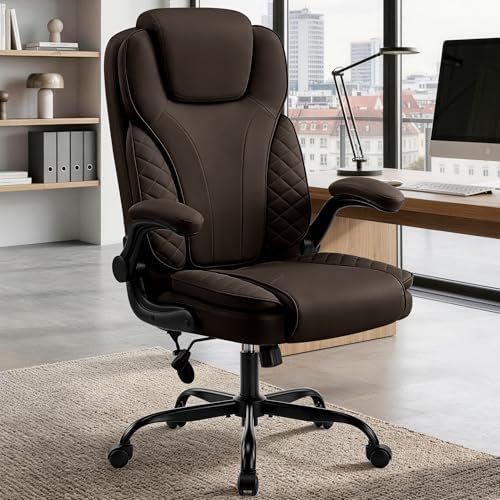 Ergonomic Office Chair, PU Leather High Back Executive Chair with Adjustable Inflatable Lumbar Support and Padded Flip-Up Arms, Recline Swivel Task Computer Chair for Home Office, Dark Brown