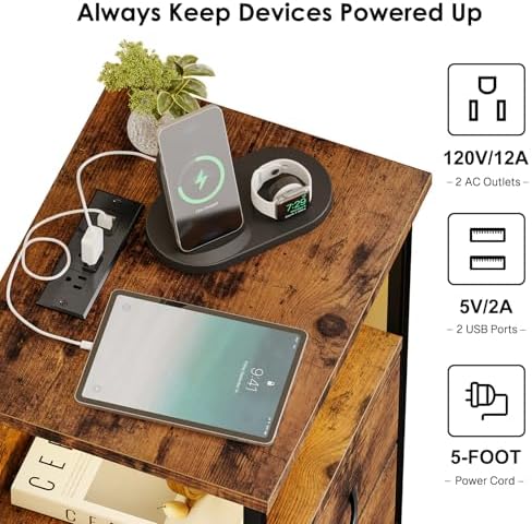 Fixwal Night Stand with 3 Fabric Drawers, Nightstand with Charging Station
