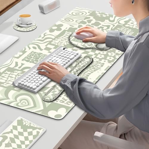 Large Desk Mat, Beige Gaming Mouse Pad, Desk Pad Protector, XXL Mousepad + Keyboard Wrist Rest+Mouse Wrist Rest+Coaster Set with Ergonomic Desk Pad for Home Office PC Computer, Retro Boho Aesthetic