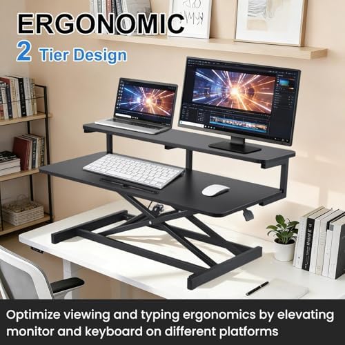 Stand Up Desk Riser, 37-Inch, Adjustable Height Stand Up Desk Converter Double Monitor and Laptop Riser Workstation for Workstation Computer Table Sitting, Black