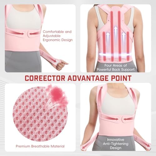 Posture Corrector for Women & Men, Adjustable Back Brace Shoulder Straightener with Full Back Support for Upper & Lower Back Pain, Spine Alignment, Hunchback & Scoliosis Relief (Large, Pink)