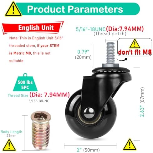 Hirate 2 inch Office Chair Casters Wheel with 5/16"-18UNC Threaded Stem