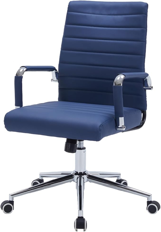 Leather Ribbed Office Desk Chair, Ergonomic Mid-Back Executive Conference Room Chairs with Wheels, Adjustable Swivel Computer Task Chair with Arms and Thick Padded Seat,Navy Blue