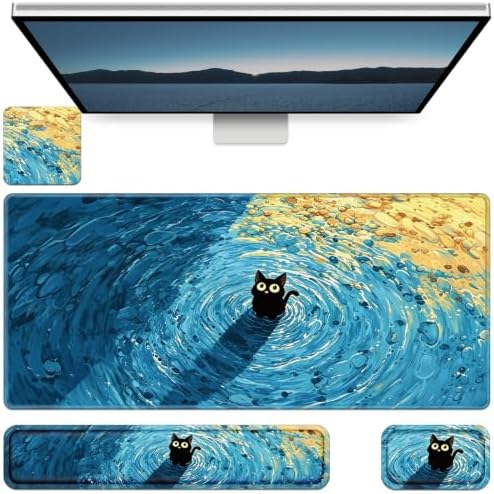 Desk Mat, Large Gaming Mouse Pad with Wrist Rest, 4in1 XXL Mousepad+Keyboard Wrist Rest+Mouse Pad Wrist Support+Cup Coaster Set Ergonomic Computer Desk Arm Wrist for Decor Home Office Women