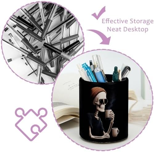Cool Skeleton Drinking Coffee Pen Holder Pencil Organizer Cute Pencil Cup Desk Decor Makeup Brush Holder PU Multifunctional Office Supplies for Home Classroom School