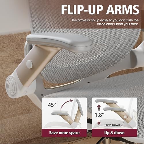 GABRYLLY Ergonomic Office Chair, High Back Home Desk Chair with 2D Flip-Up Arms, 3D Headrest, 90-120° Tilt and Wide Cushion, Big and Tall Mesh Chairs for Man Woman, White Computer Task Chair