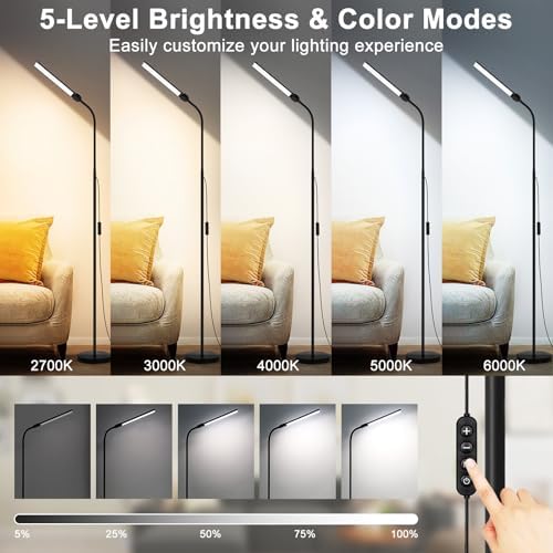 LED Floor Lamp, 18W/2000LM Bright Reading Floor Lamp for Office with Double Head, Adjustable Gooseneck Dimmable Modern Standing Light for Lash Extension Craft, Eye Caring Floor Lamps for Living Room