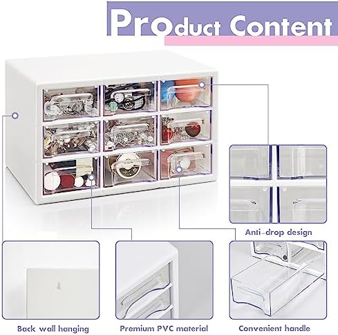 Stackable Desk Organizer with 9 Drawers, Clear Storage Box, White