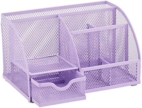 Annova Mesh Desk Organizer Office with 7 Compartments + Drawer/Desk Tidy Candy/Pen Holder/Multifunctional Organizer (Light Purple)
