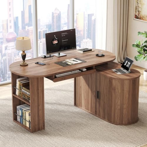 HSH L Shaped Office Corner Desk with Storage Cabinet Walnut 55 Inch