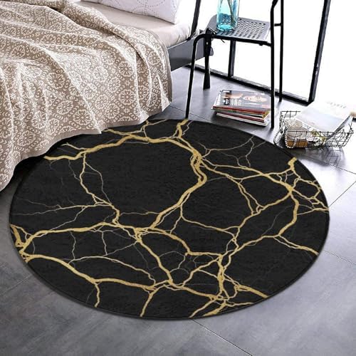 Men's Large Home Decor Mat, Soft Round Yoga Carpet, Non Slip Machine Washable Home Office Circle Rug Black Marble Gold Texture Art, 36inch