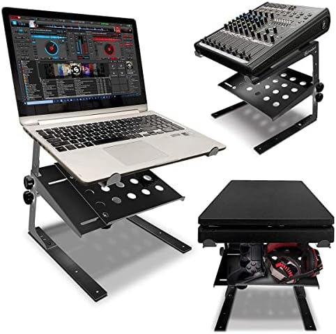 AxcessAbles Two-Tier Adjustable DJ Stand with Clamps | for DJ Controllers, Music Mixers, Laptops up to 20lbs.| DJ Controller Stand Compatible with DDJ-REV1, DDJ-FLX4 (LTS-03 Black)