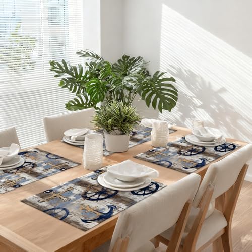 Seafaring Maritime Elements Linen Placemats, Ocean Inspired Coastal Vibes Table Mats for Table Washable Heat Insulation Thick Dining Mat, Indoor/Outdoor 12X18 in 6 Pcs