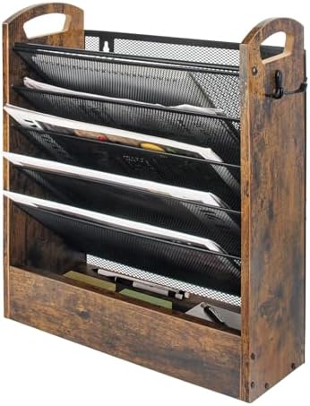 EHWINE Wall File Organizer, 6 Tier Hanging Wall File Organizer with Bottom Tray, Mail Organizer Wall Mount, Wooden Desk Organizer for Office or Home