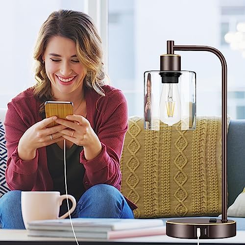 Industrial Touch Table Lamps Set of 2 - Bedside Lamps with 2 USB Ports & AC Outlet, 3-Way Dimmable Nightstand Desk Lamp for Bedroom Living Room, Glass Shade & 2 LED Bulbs Included - Oil-Rubbed Bronze