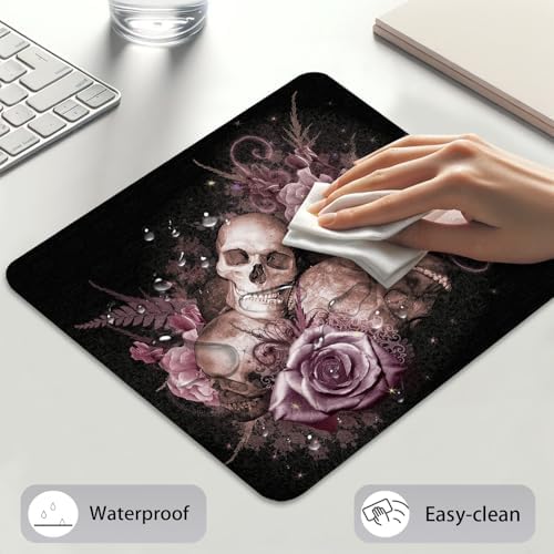Vintage Pink Rose & Gothic Skull Mouse Pad, Floral Halloween Art Desk Mat