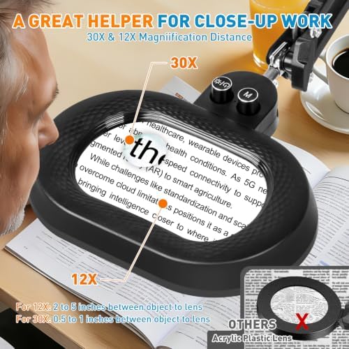 Magnifying Glass with Light and Clamp, 5in 12X 30X Extended Arm