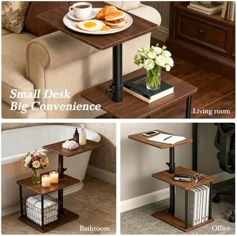 Faesun Swivel Side Table for Couch Arm, Height Adjustable C Shaped End Table for Recliner or Bed, Tv Trays with Storage Shelf for Small Spaces- Small Nightstand for Living Room, Bedroom