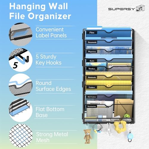 SUPEASY 10-Tier Wall File Organizer with Hooks, Wall Mounted Mail Organizer
