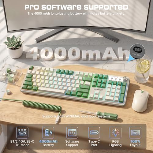 Redragon RM104 Wireless Gaming Keyboard with Knob, Tri-Mode BT/2.4G/USB-C RGB Computer Keyboards, 4000mAh Battery, Programmable Software Support, Anti-Ghosting, Compatible with PC Mac - White & Green