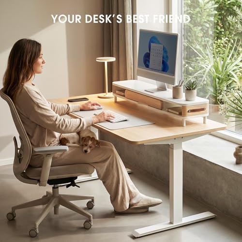 Fenge Dual Monitor Stand with Large Storage Drawer, 42.5" Desk Shelf, White