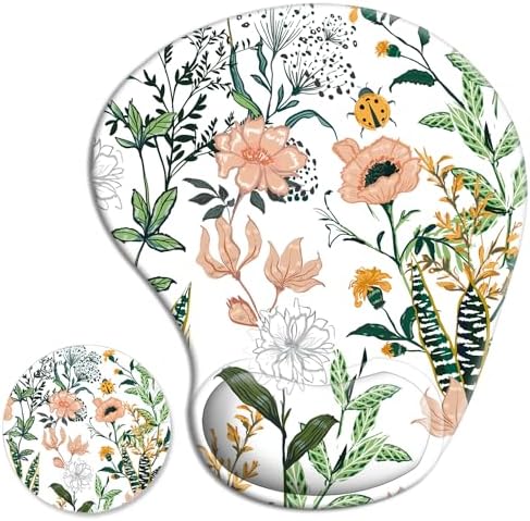 Ergonomic Mouse Pad with Wrist Rest Support Gel with Coaster, Cute Wrist Pad with Non-Slip Rubber Base, Easy Typing & Pain Relief, Floral
