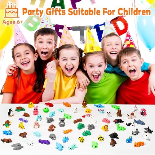 VZZNN 64pcs Mini 3D Printed Animals Bulk, 3D Printed Articulated Flexible Fidget Toy, Cute Little Animal Figurines Toy for Kids and Adults, Office, Desk, Party Favors, Decor