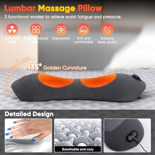 3 in 1 Back Massager, Electric Lumbar Support Pillow Heat Vibration Massage Lower Back Spine Decompression Device, Dark Gray