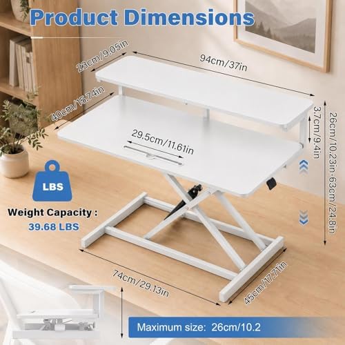 37" Height Adjustable Standing Desk Converter, 4.9" to18.5 Height Adjustable Sit Stand Up Desk Riser with Secondary Desks, Desktop Workstation Riser for Home Office Computer Laptop, White