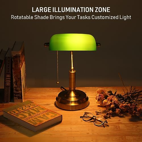 TORCHSTAR Green Glass Bankers Desk Lamp with Pull Chain, E26 Base