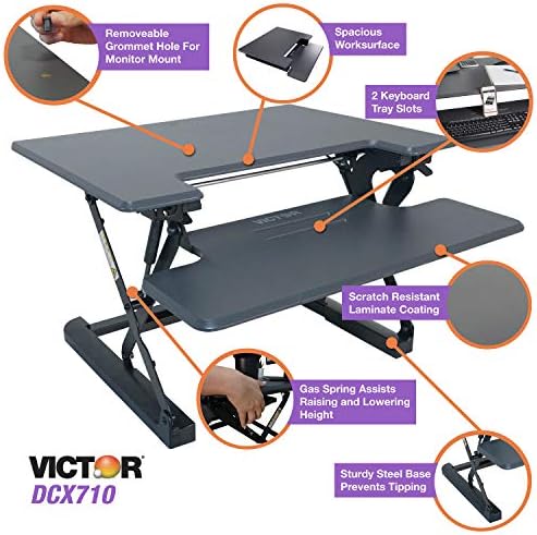 Victor High Rise 31-Inch Desk Converter, Height Adjustable Sit to Stand Riser, Dual Monitor and Laptop Workstation with Keyboard Tray, Gray