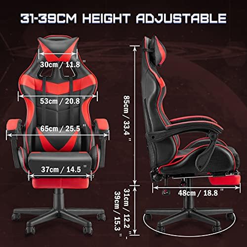 Huracan Gaming Chair with Footrest, Ergonomic Computer Chair Lumbar Support, Adjustable High Back Recliner for Adults, Racing Style Video Gaming Chairs, for Home Office Streaming, Red