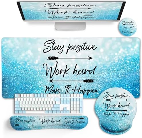 LIMKRIAN Desk Mat Pad Set, Large Mouse Pad with Wrist Rest, Stay Positive