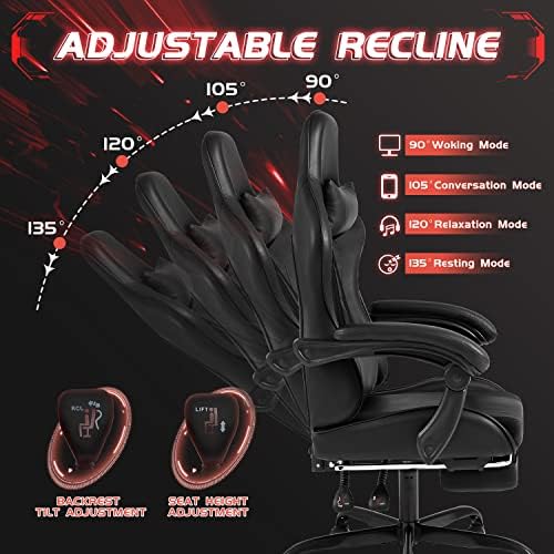 Shahoo Gaming Chair, Video Gaming Chair with Footrest and Lumbar Support, Ergonomic Computer Chairs with 360° Swivel and Height Adjustable, Spin Chair with Headrest for Home Office, Study Room (Black)