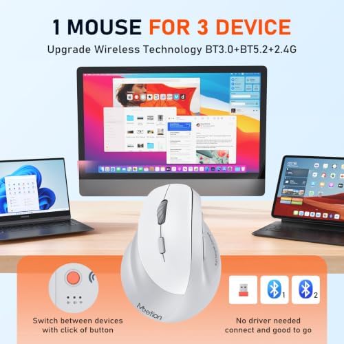 MEETION Left-Handed Wireless Ergonomic Vertical Mouse, Rechargeable - Gray