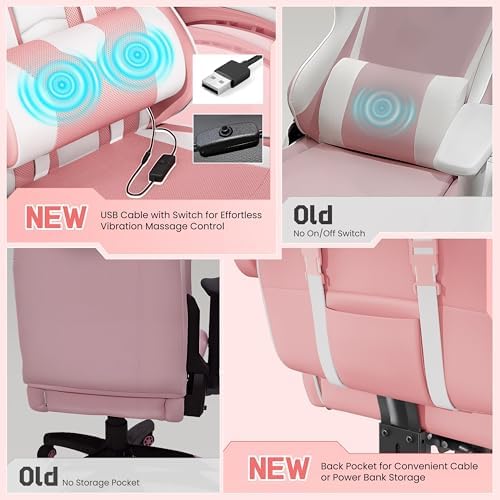 Yaheetech Gaming Chair with Footrest Massage Lumbar Pillow Pink and White