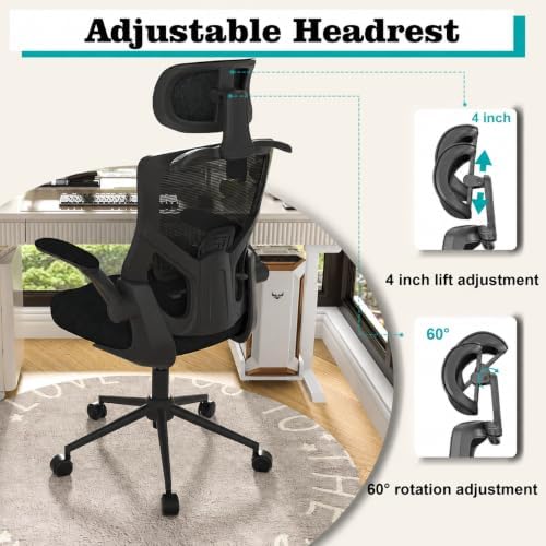 Office Desk Chair for Long Hours & Back Pain Relief – 4“ Thick Molded Foam Cushion, Enhanced Lumbar Support, Padded Flip-up Armrests, Ideal for Office or Study (Black-HR)