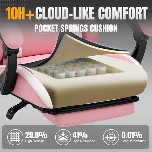 GTPLAYER Gaming Chair with Pocket Spring Cushion, Leather Office Chair with Ergonomic High Back & Lumbar Support for Back Pain Relief, Computer Game Chair for Adults, Pink