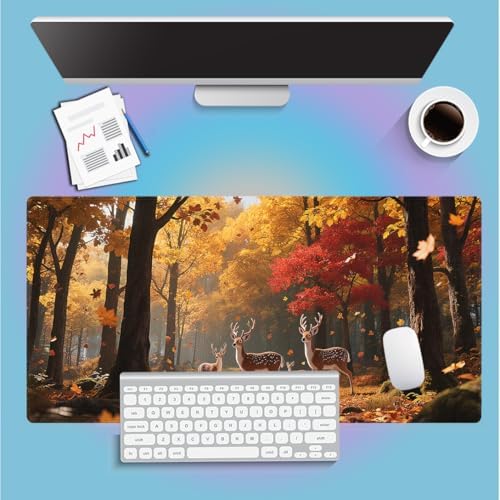 Deer Hunting Season Large Mouse Pad, Autumn Forest Scenery Nature Desk Mat