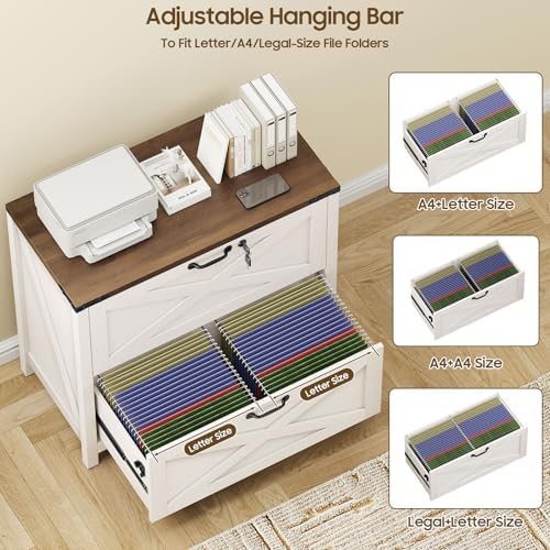 Halitaa Farmhouse Lateral File Cabinet with 2 Drawers, White and Brown