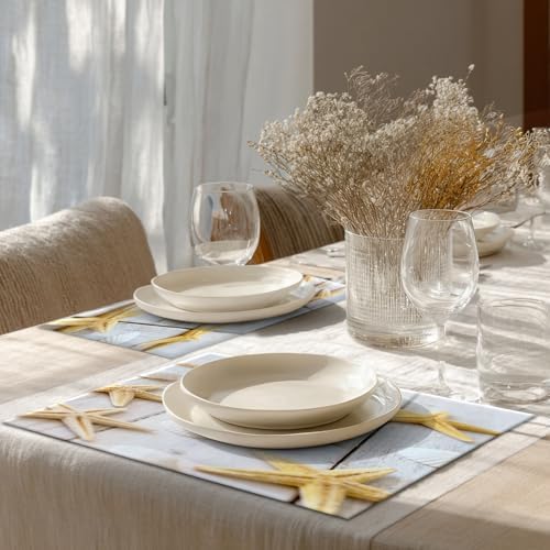 Shrahala White Beach Beige Set Of 4 12 X 18 Inch Linen Placemats , Sea Shell Starfish Background Beach Shells Burlap Table Mat Washable Double Layered Heat Insulation For Indoor/Outdoor