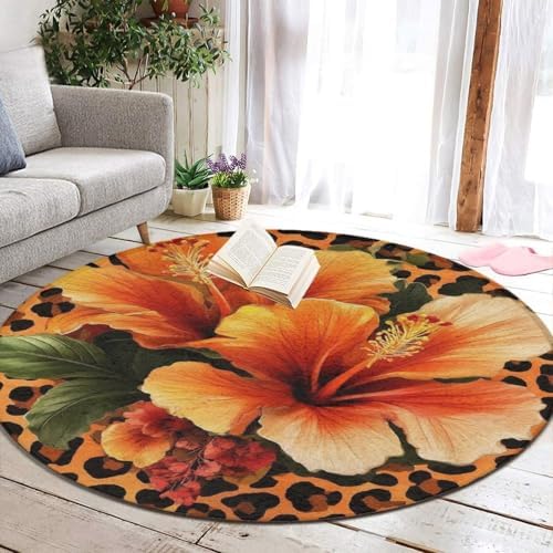 Highly Premium Quality Floor Mat, Office Chair Decor Mat, Room Sofa Yoga Soft Round Carpet Orange Yellow Flower Floral Cheetah Leopard Print, 36inch
