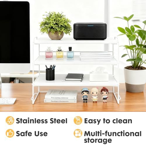 ShellKingdom Desk Shelf Organizer, 3 Tier Desktop Shelves, Adjustable Bookshelf Storage Rack and Office Cubicle Decor for Tabletop, School, Office, Dorm Organization (White)