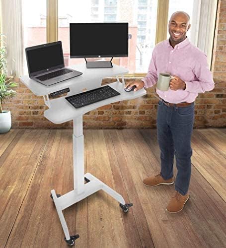 Stand Steady Cruizer Premier Electric Mobile Podium Desk with Keyboard Tray | Sit or Stand Height Adjustable Portable Standing Desk with Wheels | Portable Podium with Programmable Control Pad (White)
