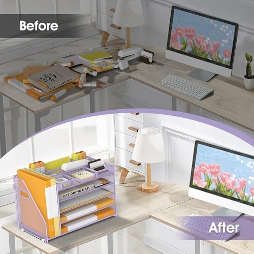 5 Tier Paper Letter Tray Desk Organizer with Pen Holders - Purple